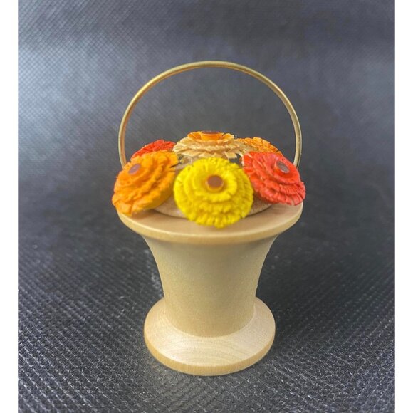 Vintage Germany Wooden Miniature Flower Basket With Colorful Floral Accents - Picture 4 of 5
